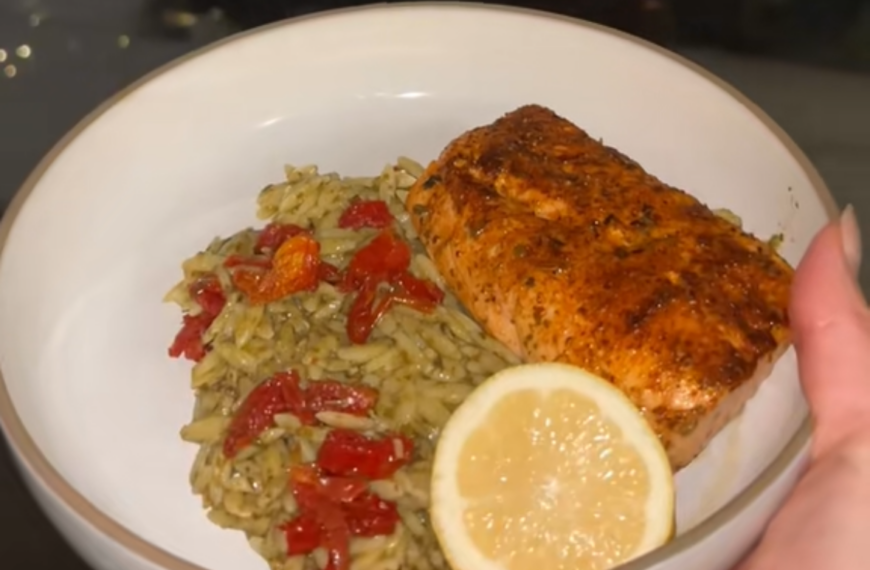 Cajun Air Fryer Salmon with Sun-Dried Tomato Pesto Orzo