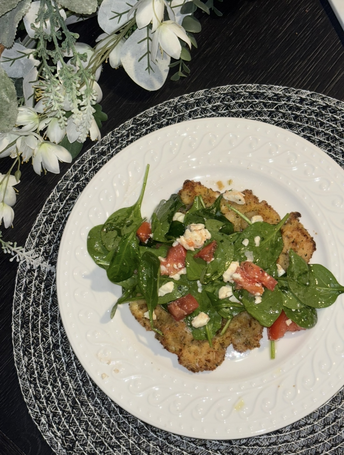Air Fryer Italian Chicken Cutlet with Spinach Feta Salad